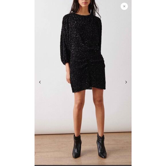 Ba&sh Small Black Scarlet Sequin Long Sleeve Vneck Mini Dress NWT FLAW M - Picture 1 of 8